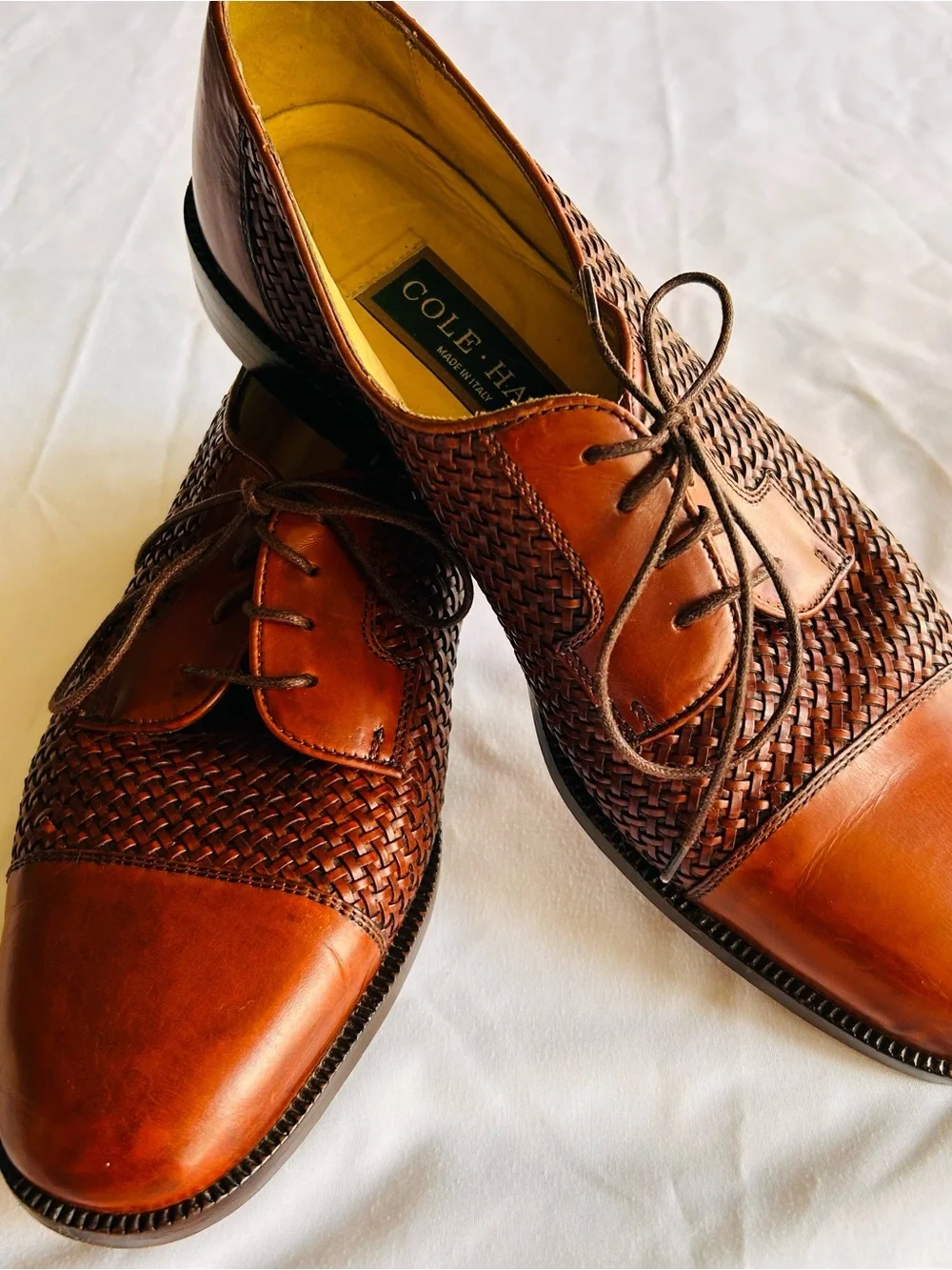 Vtg Cole Haan Men’s Brogano Woven Leather Cap-Toe Oxfords Made in Italy